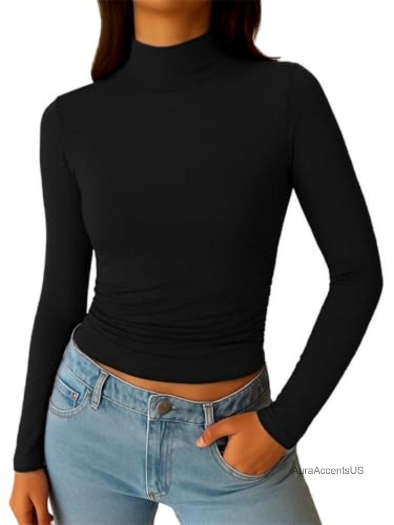 Women's Mock Turtleneck Long Sleeve Slim Fit Ruched Top Soft Stretchy Modal